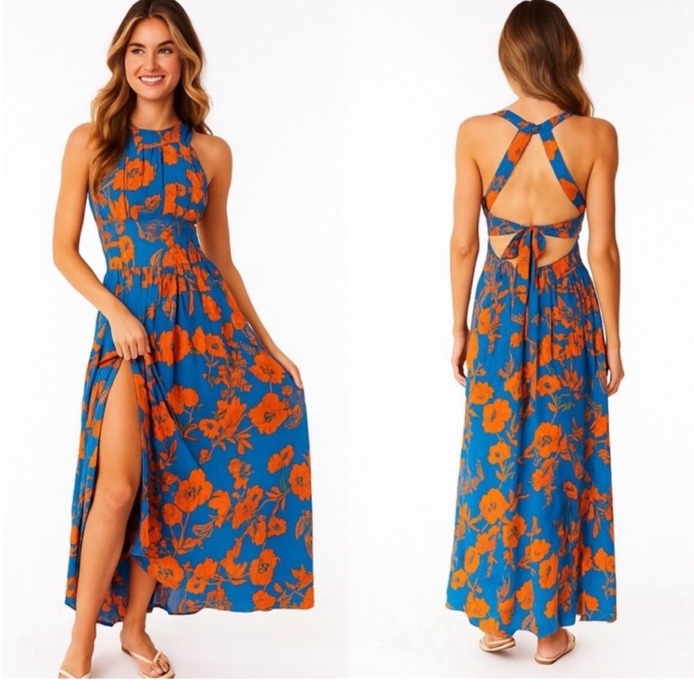 Abel The Label by Anthropology Backless Floral Dress in Blue and Orange size XS